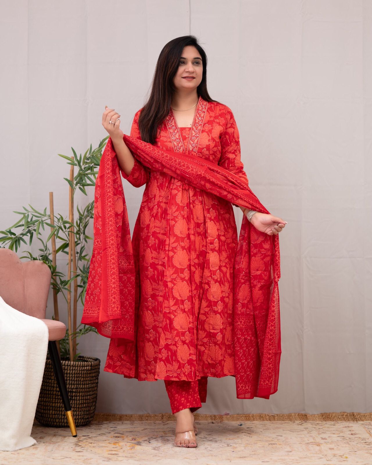 Vt Designer Red Printed Cotton Designer Kurti With Bottom Dupatta Wholesale Shop In Surat
